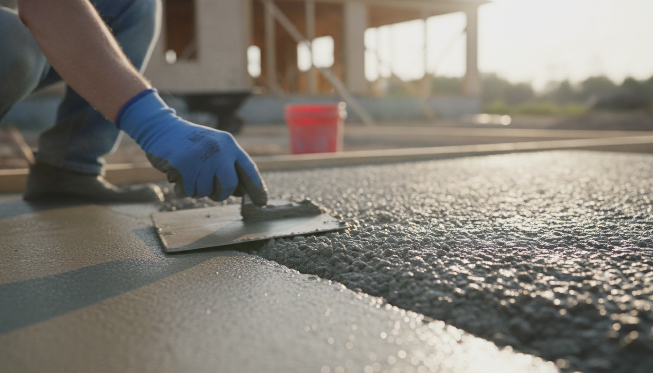 A construction worker smoothing wet concrete with a metal trowel.