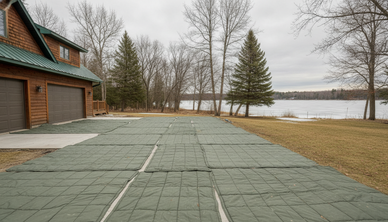 Insulated blankets covering a newly poured concrete driveway at a house.