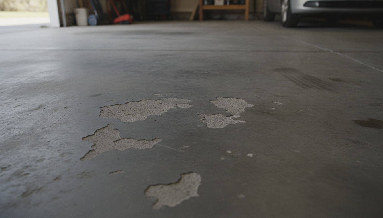 Close up of surface scaling damage on an old concrete garage floor.